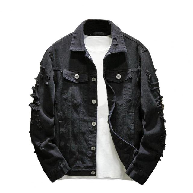 Men's Ripped Denim Jacket with Turndown Collar