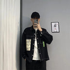 Men's Loose Black Denim Jacket with Spliced Design