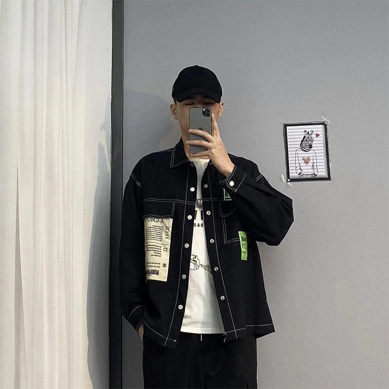 Men's Loose Black Denim Jacket with Spliced Design