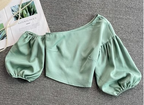 Oblique Collar Off-Shoulder Puff Sleeve Crop Top