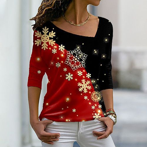 Christmas Print Long-sleeve Diagonal Collar Pullover Tee | Streetwear