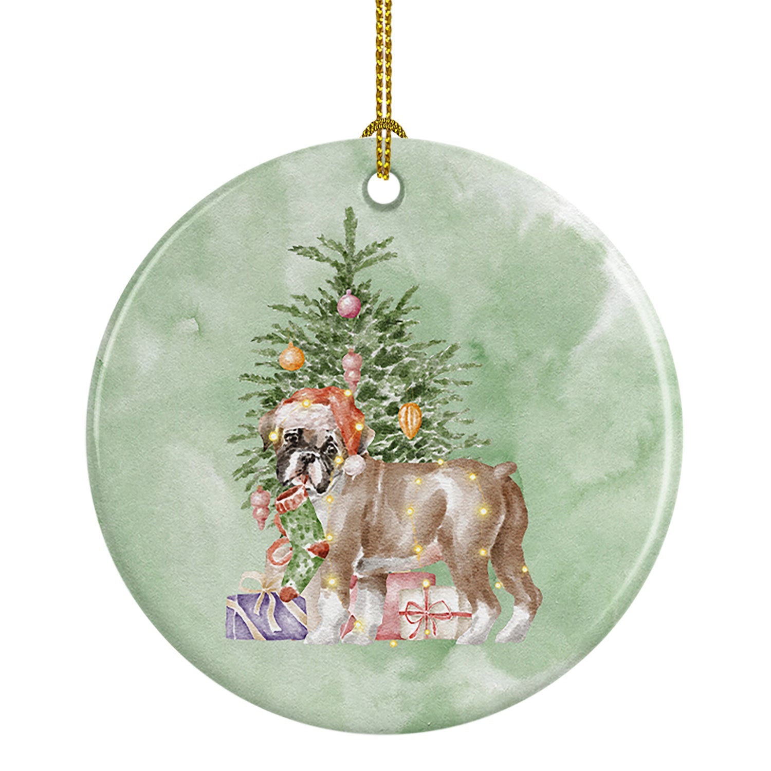 Boxer Puppy #2 Christmas Presents and Tree Ceramic Ornament