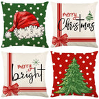Linen Throw Pillow Case with Christmas Hat & Tree Print | Embroidered Cap