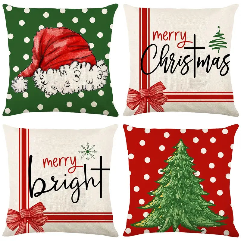 Linen Throw Pillow Case with Christmas Hat & Tree Print | Embroidered Cap