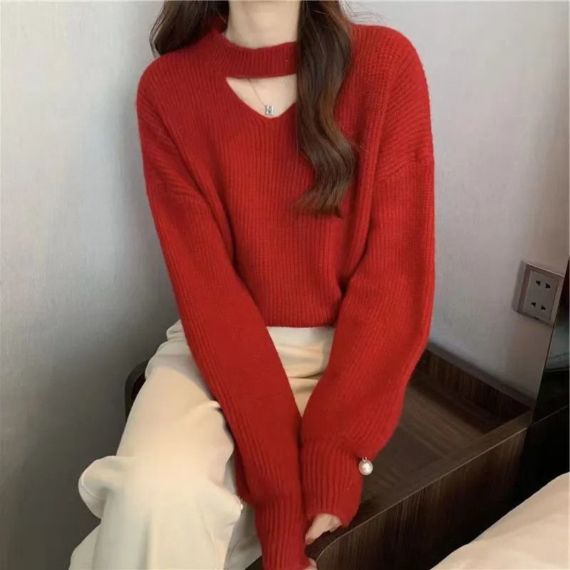 Korean Women's Hollowed-Out Collarbone Knit Sweater