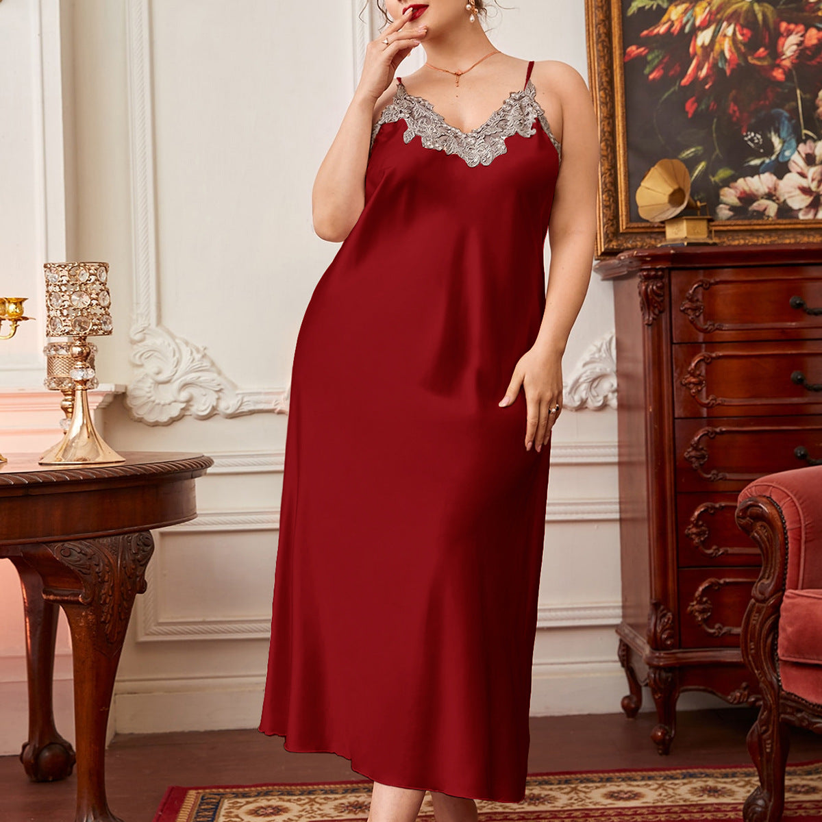 Plus Size Contrast Lace Cami Sleepwear Dress