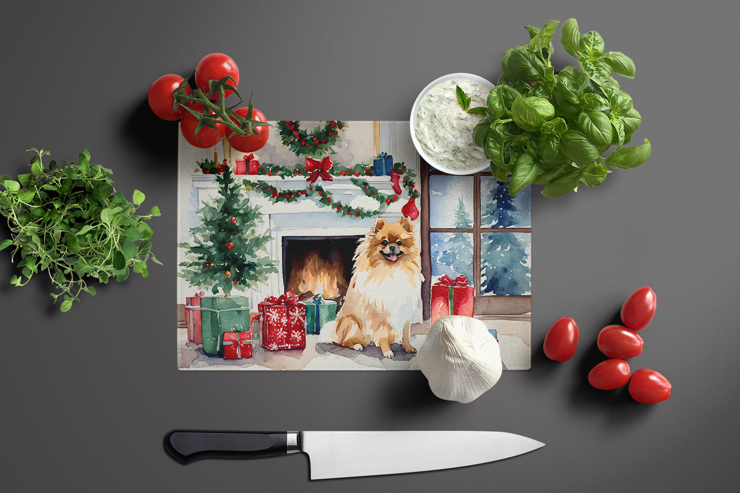 Pomeranian Cozy Christmas Glass Cutting Board