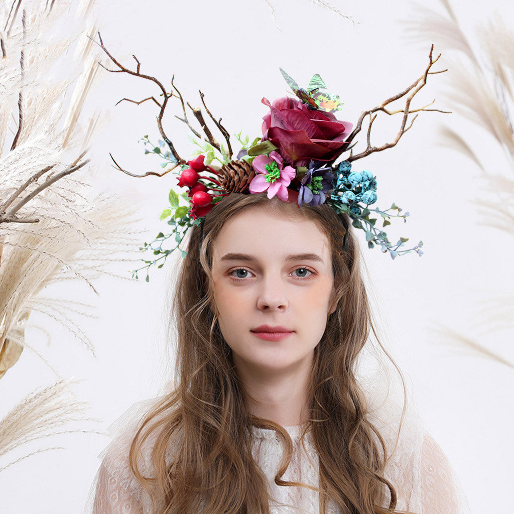 Exaggerated Christmas Antler Headband with Floral Accents