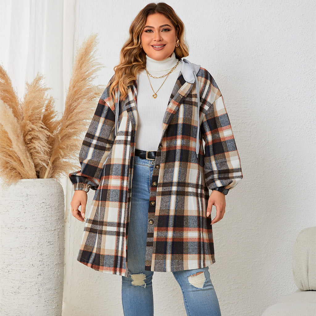 Plus-sized Plaid Hooded Mid-length Coat for Women