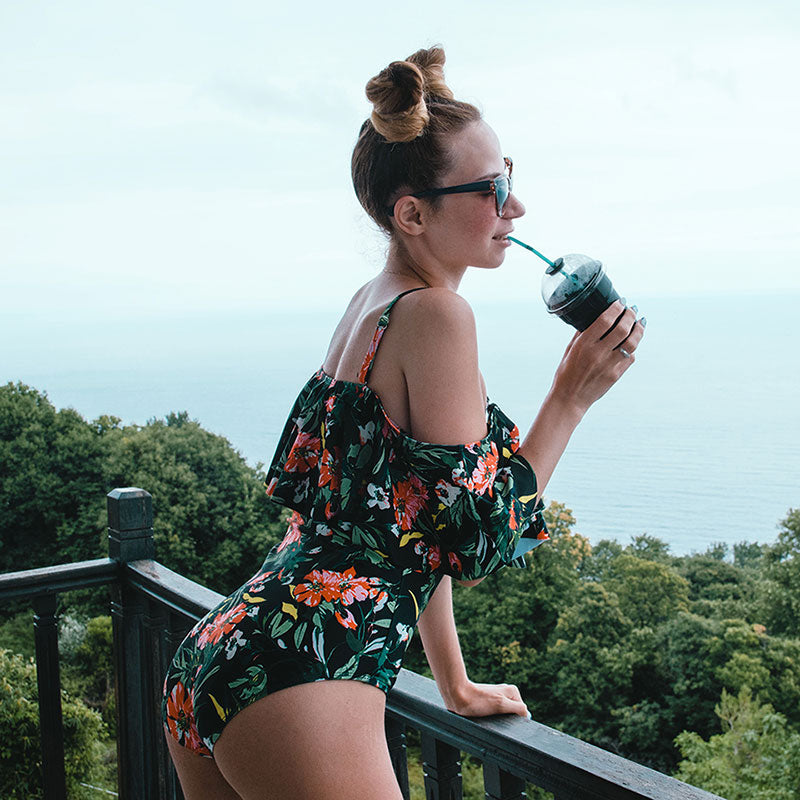 Leaf and Floral Bikini with Ruffle One-Piece Swimsuit