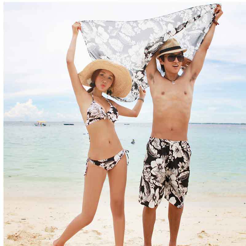 Black Floral Couples Three-Piece Bikini Swimwear Set