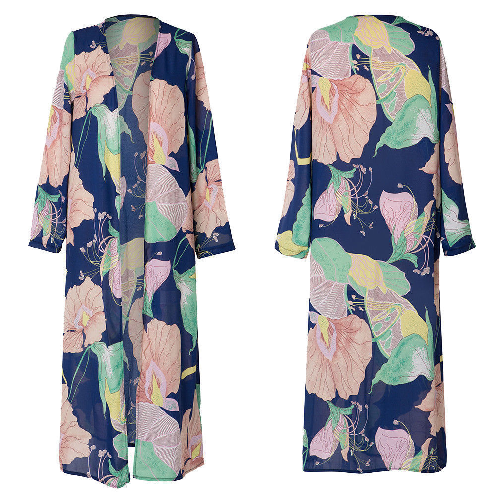 Long Chiffon Beach Cover-Up with Floral Print for Women