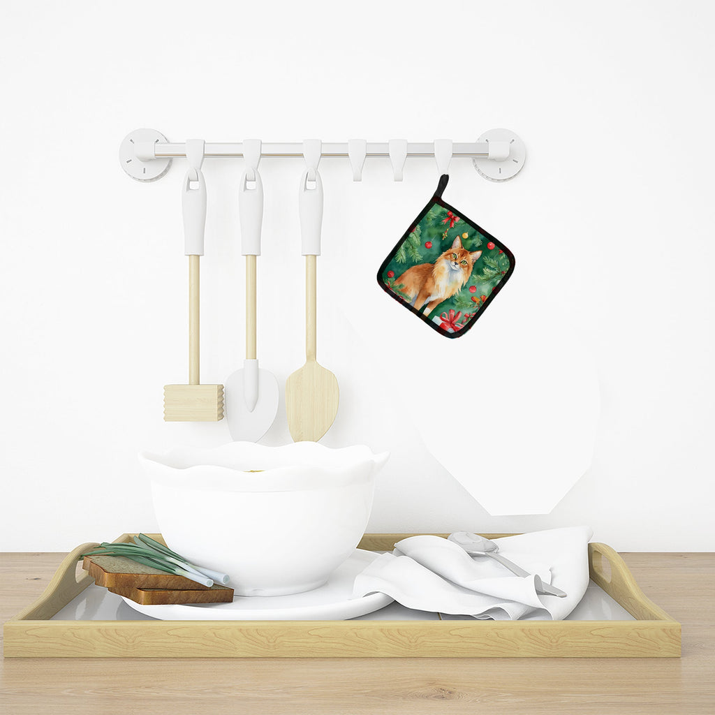 Somali Cat By the Christmas Tree Pair of Pot Holders