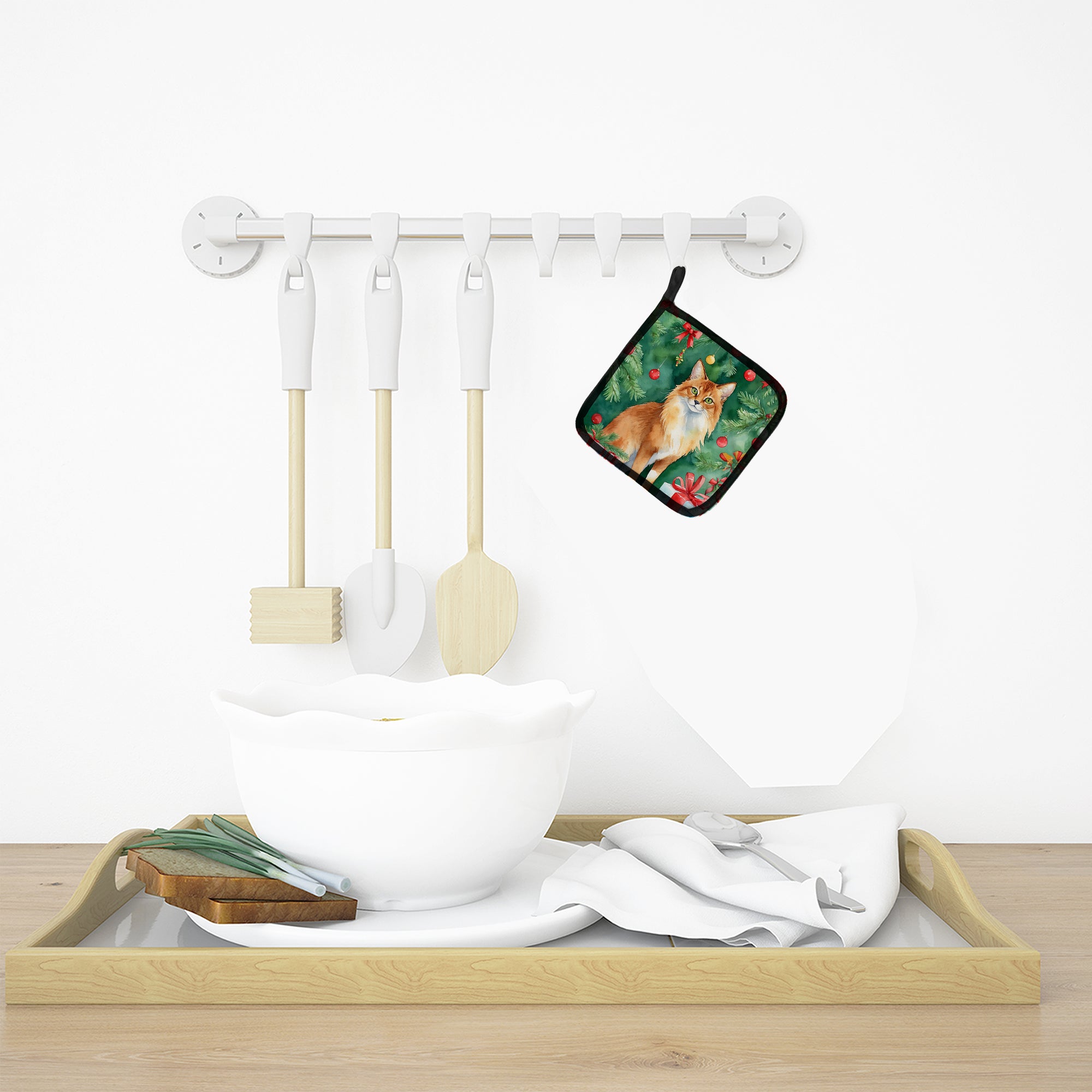 Somali Cat By the Christmas Tree Pair of Pot Holders