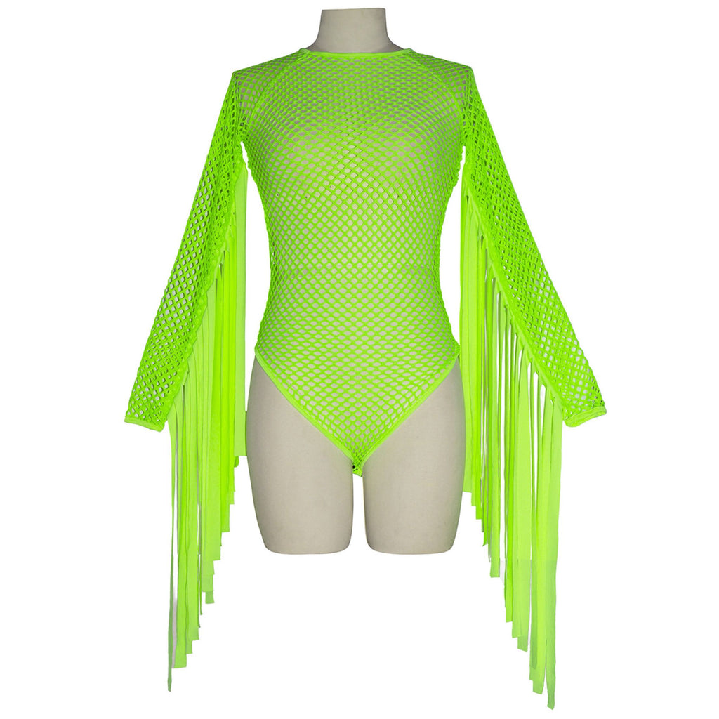 Fluorescent Color Fringe Performance Outfit with Mesh Bodysuit
