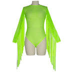 Fluorescent Color Fringe Performance Outfit with Mesh Bodysuit
