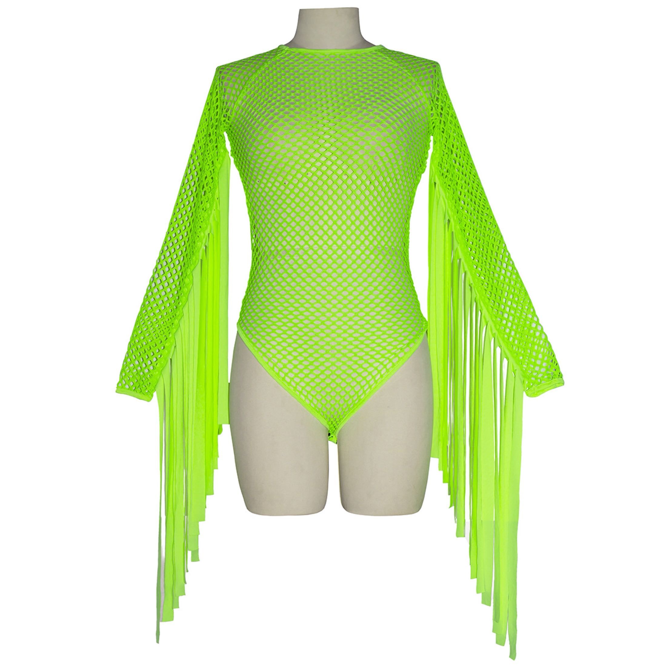 Fluorescent Color Fringe Performance Outfit with Mesh Bodysuit