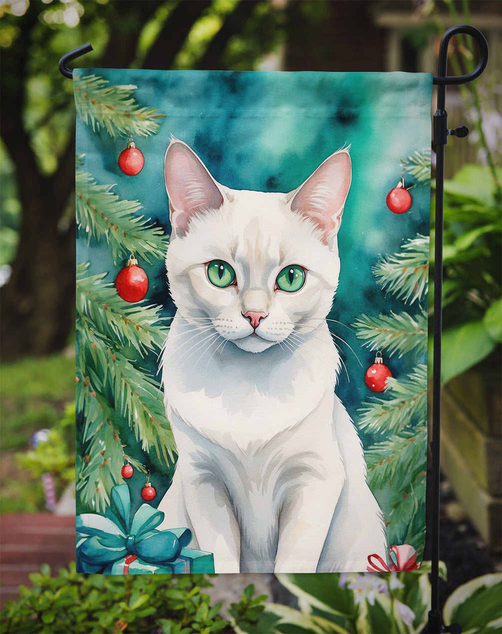 Foreign White Cat By the Christmas Tree Garden Flag