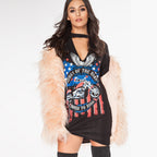 Eagle Motorcycle Print Halter Dress, Floral Design Dress