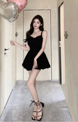 Summer Black Ruffled Slim-Fit Sexy Camisole Dress