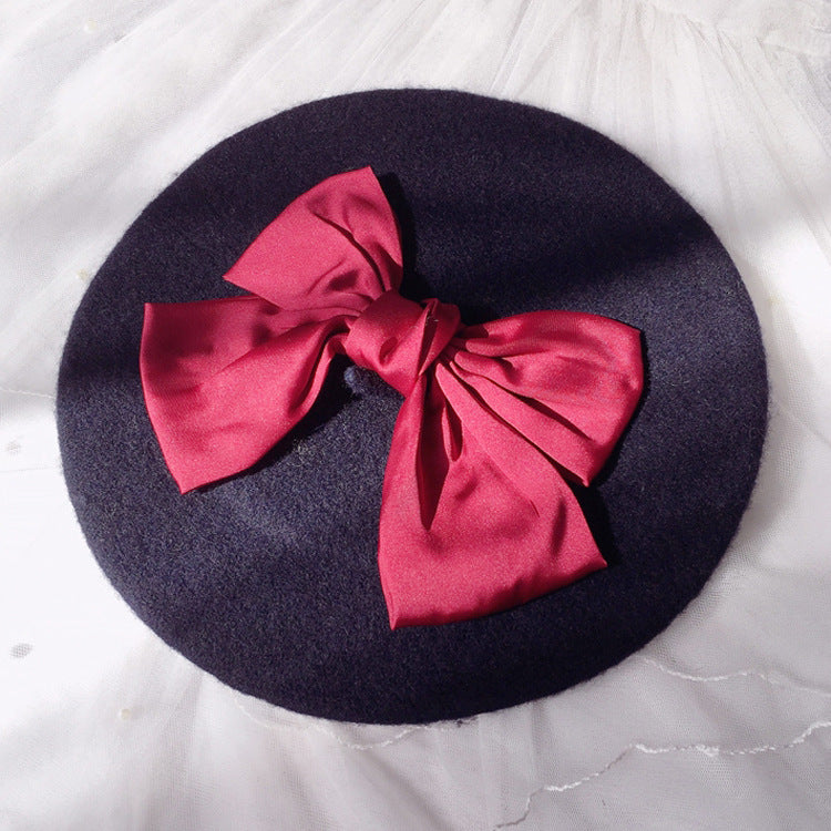 Women's Fashion Big Bow Wool Beret Hat | Embroidered Cap