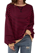 Loose Striped Long Sleeve T-shirt Casual Pullover Sweater For Womens Clothing | Streetwear