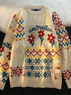 KOSAHIKI Vintage Floral Print Loose Sweater for Women