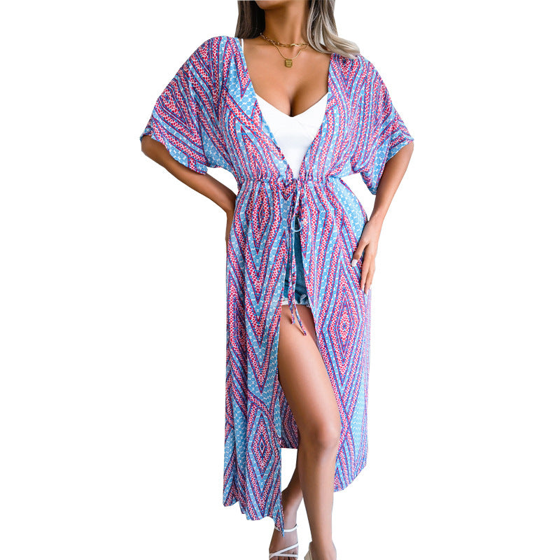 Women's Casual Printed Chiffon Cardigan with Lace-up