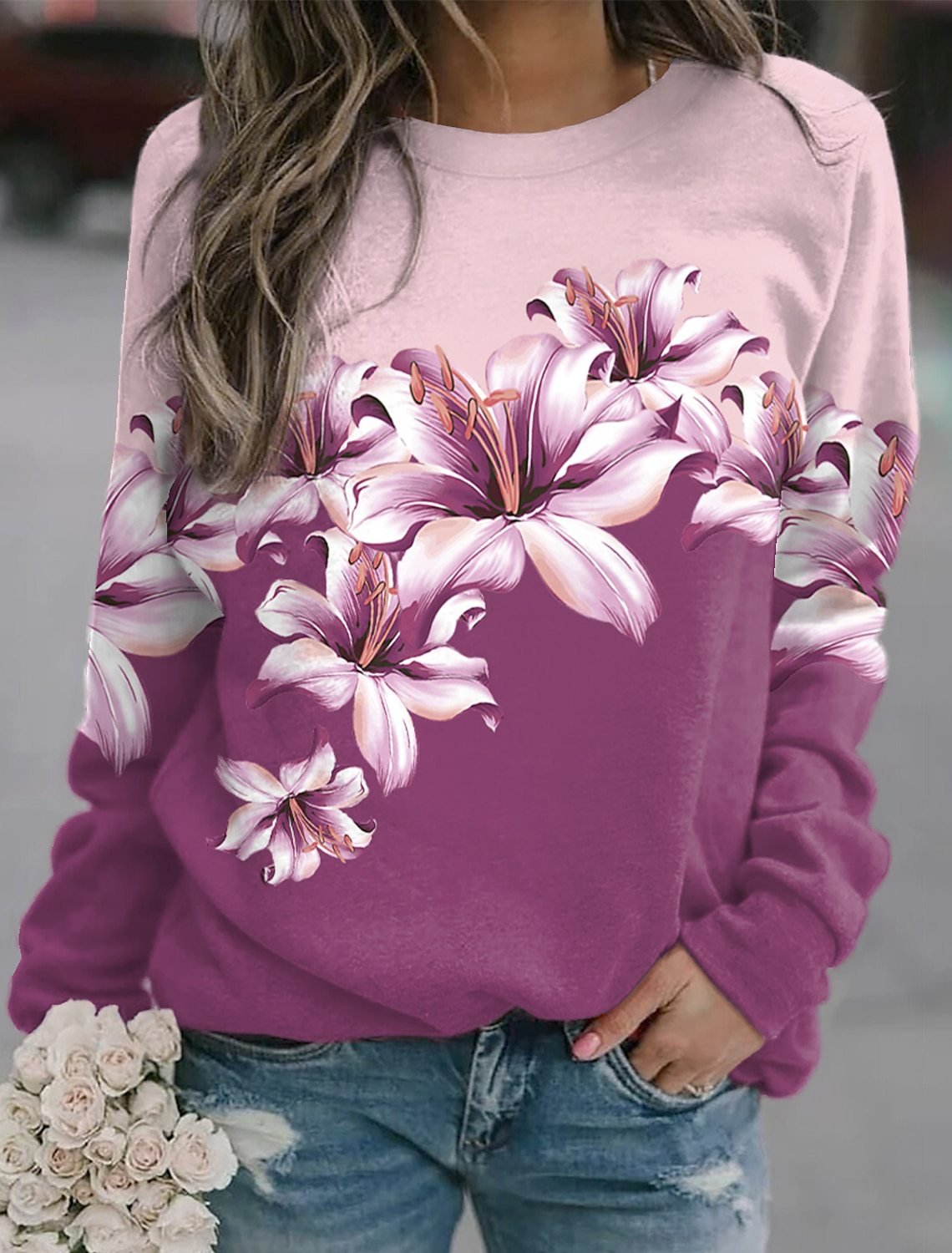 Women's Printed Round Neck Long Sleeve Pullover | Streetwear