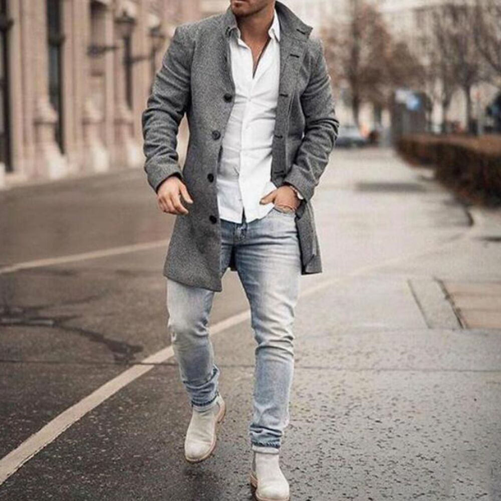 Woolen Stand Collar Medium Length Casual Coat