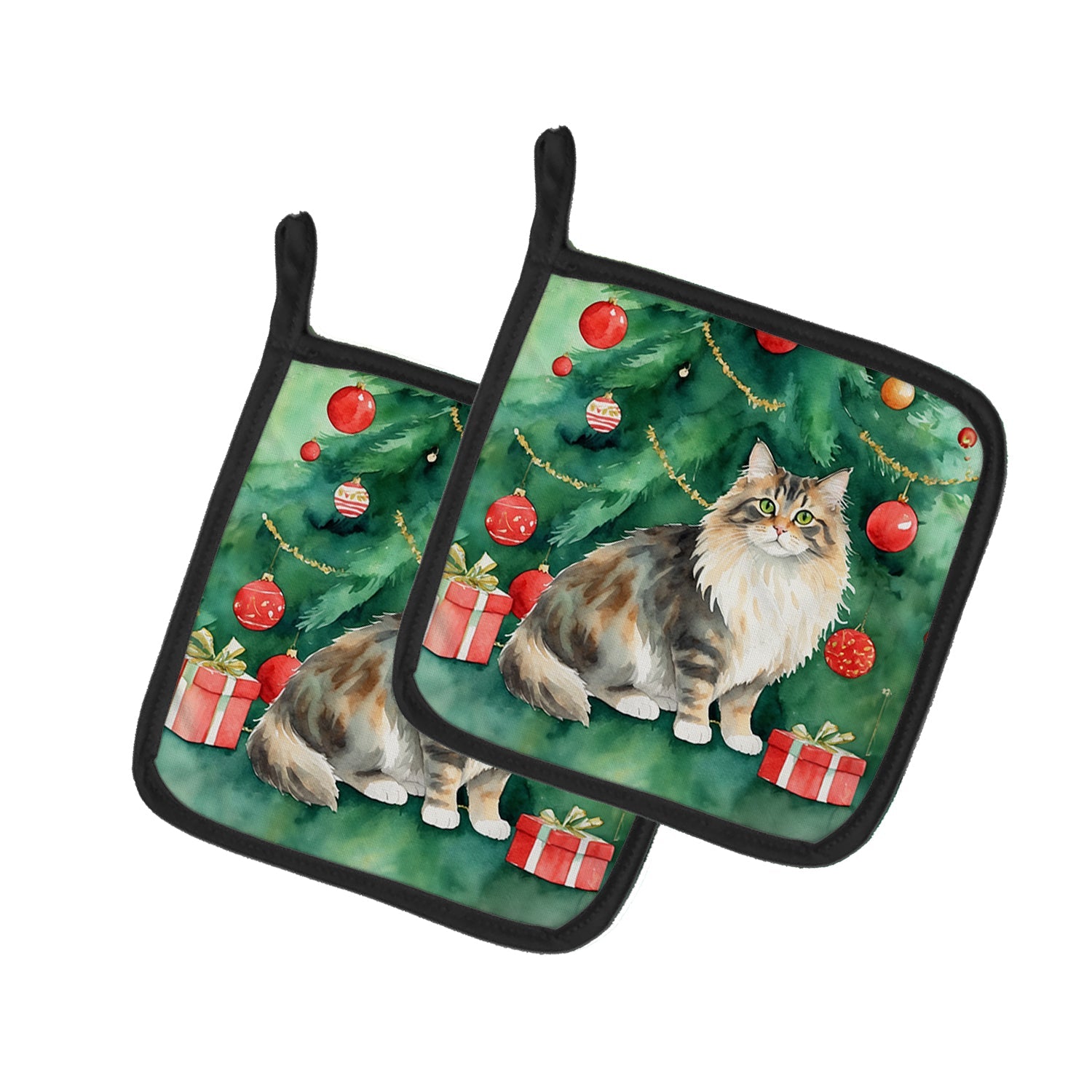 Cymric Cat By the Christmas Tree Pair of Pot Holders
