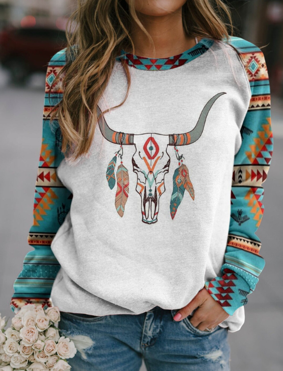 Geometric Pattern Round Neck Long Sleeve Sweater