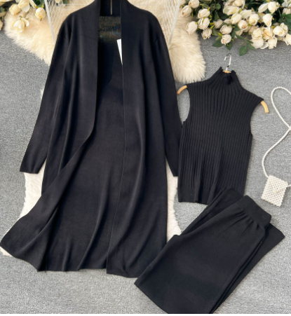 3-Piece Set: Maxi Cardigan, Turtleneck Sweater, Pants