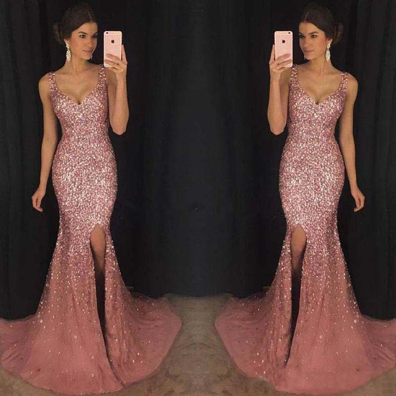 Sexy Deep V Sequin Long Dress with Spaghetti Straps