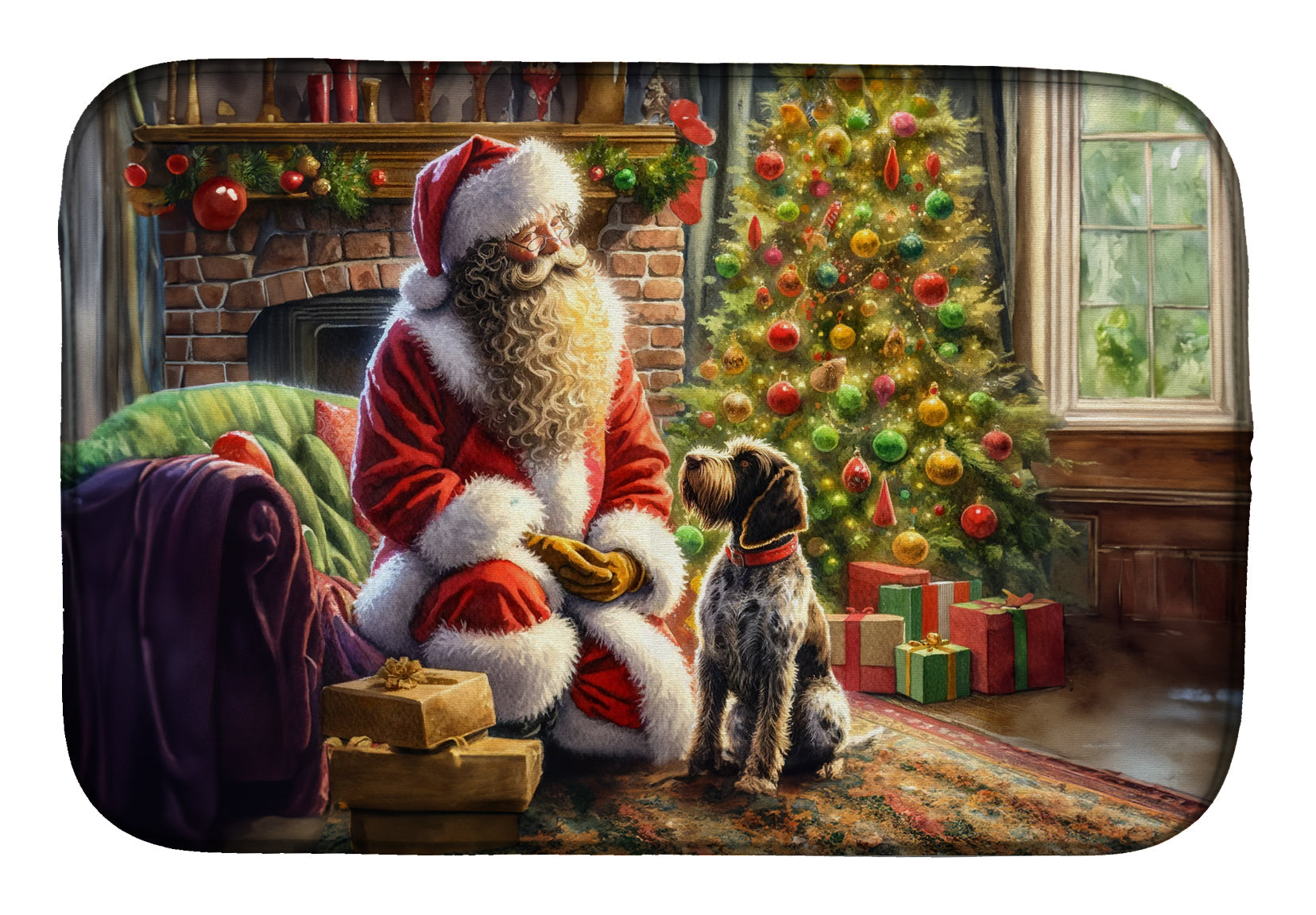 Wirehaired Pointing Griffon and Santa Claus Dish Drying Mat