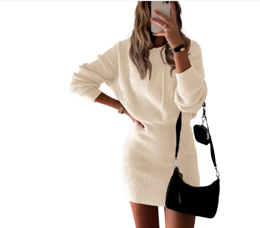 Hooded Mid-length Knitted Pullover with Cinched Waist | Streetwear