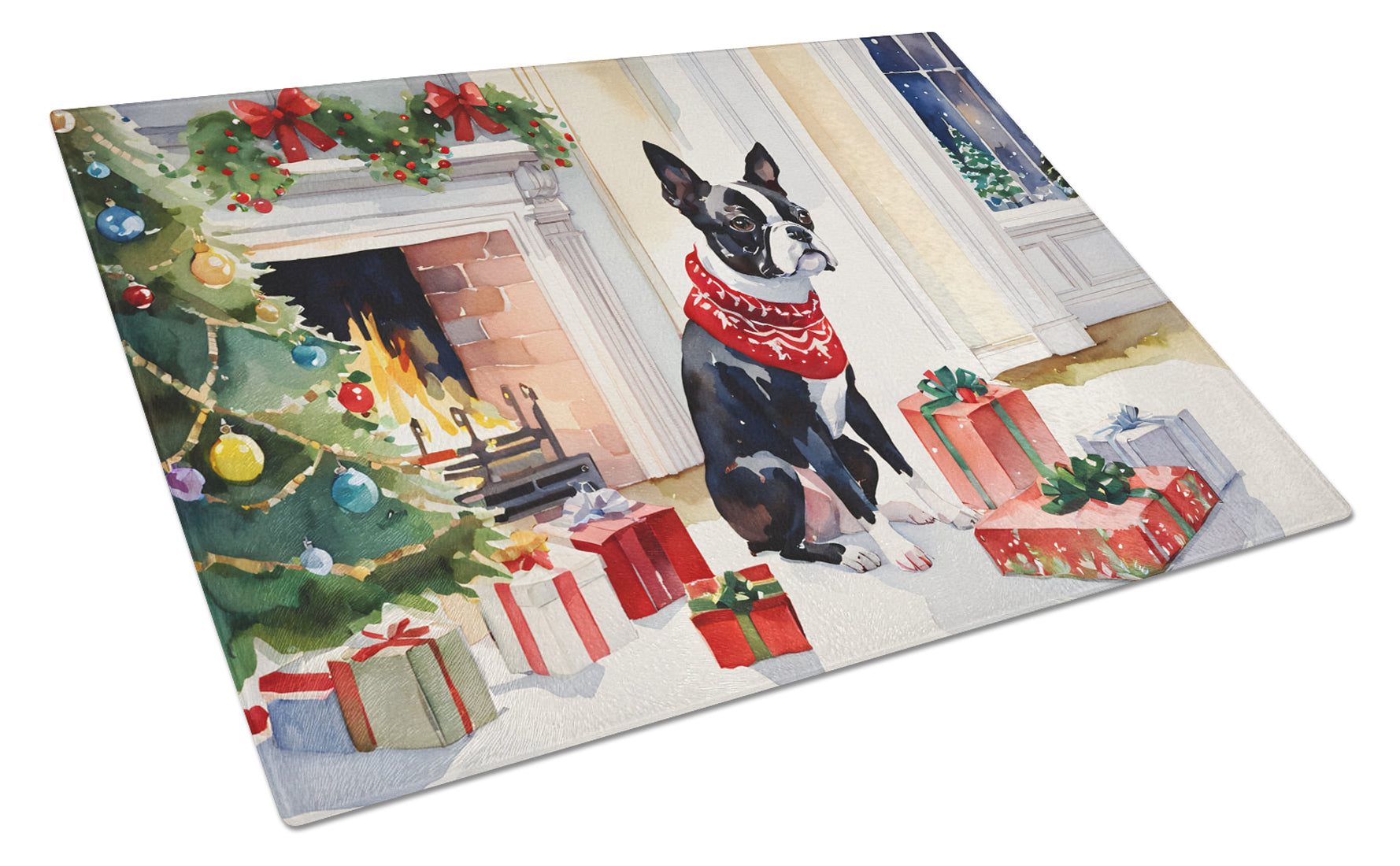 Boston Terrier Cozy Christmas Glass Cutting Board