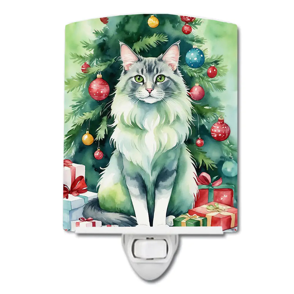 Oriental Longhair Cat By the Christmas Tree Ceramic Night Light