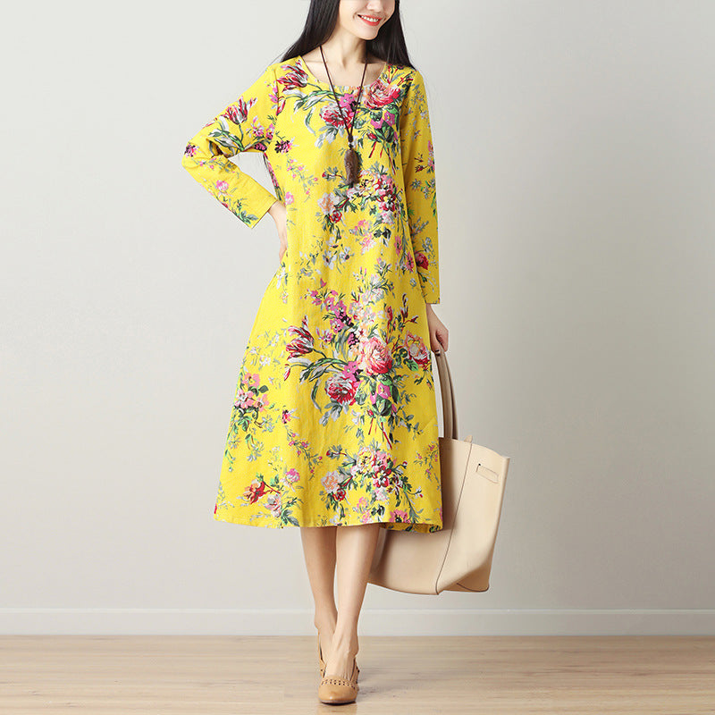 Cotton Linen Dress, Ethnic Style Mid-Length Dress