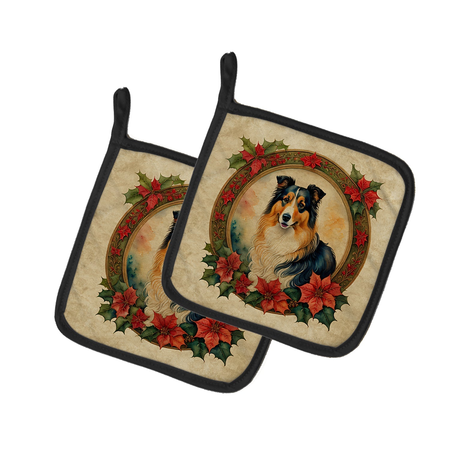 Collie Christmas Flowers Pair of Pot Holders