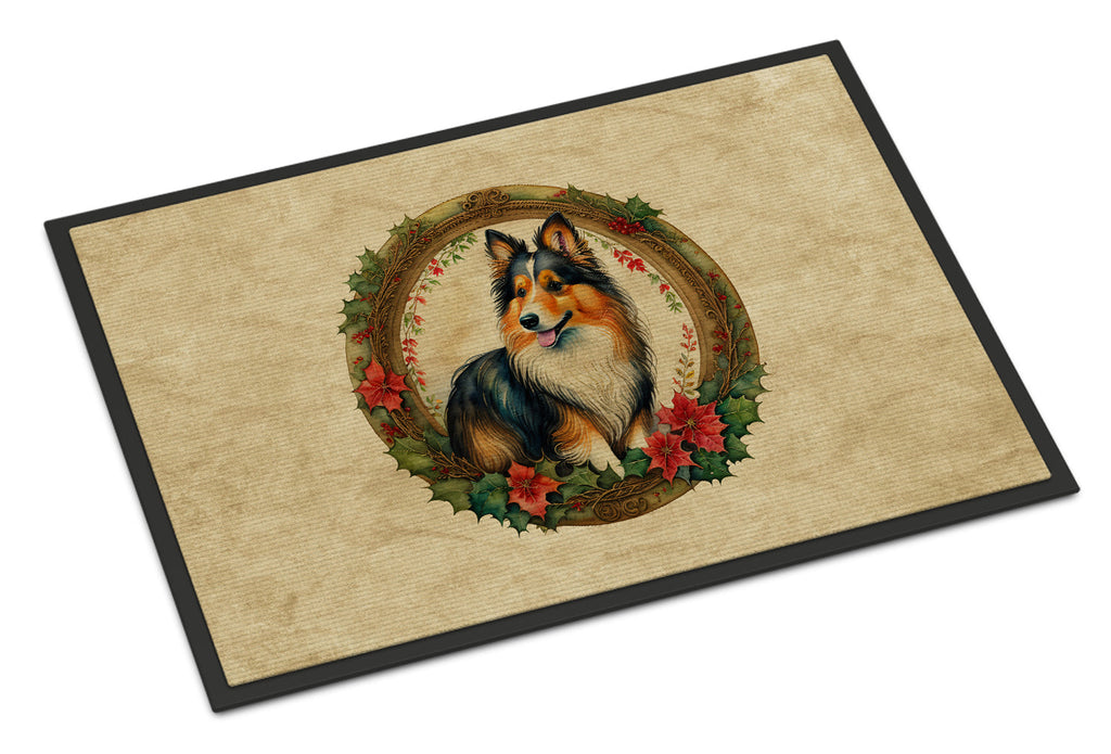 Sheltie Christmas Flowers Doormat