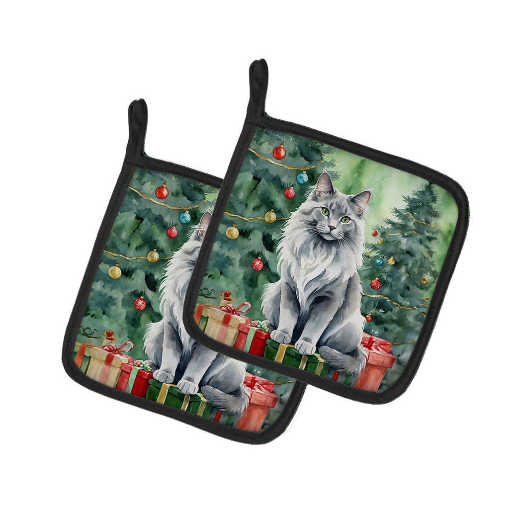 Nebelung Cat By the Christmas Tree Pair of Pot Holders
