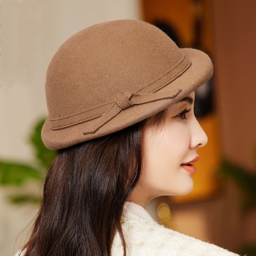 Elegant Pure Wool Felt Hat with Bow Detail | Embroidered Cap