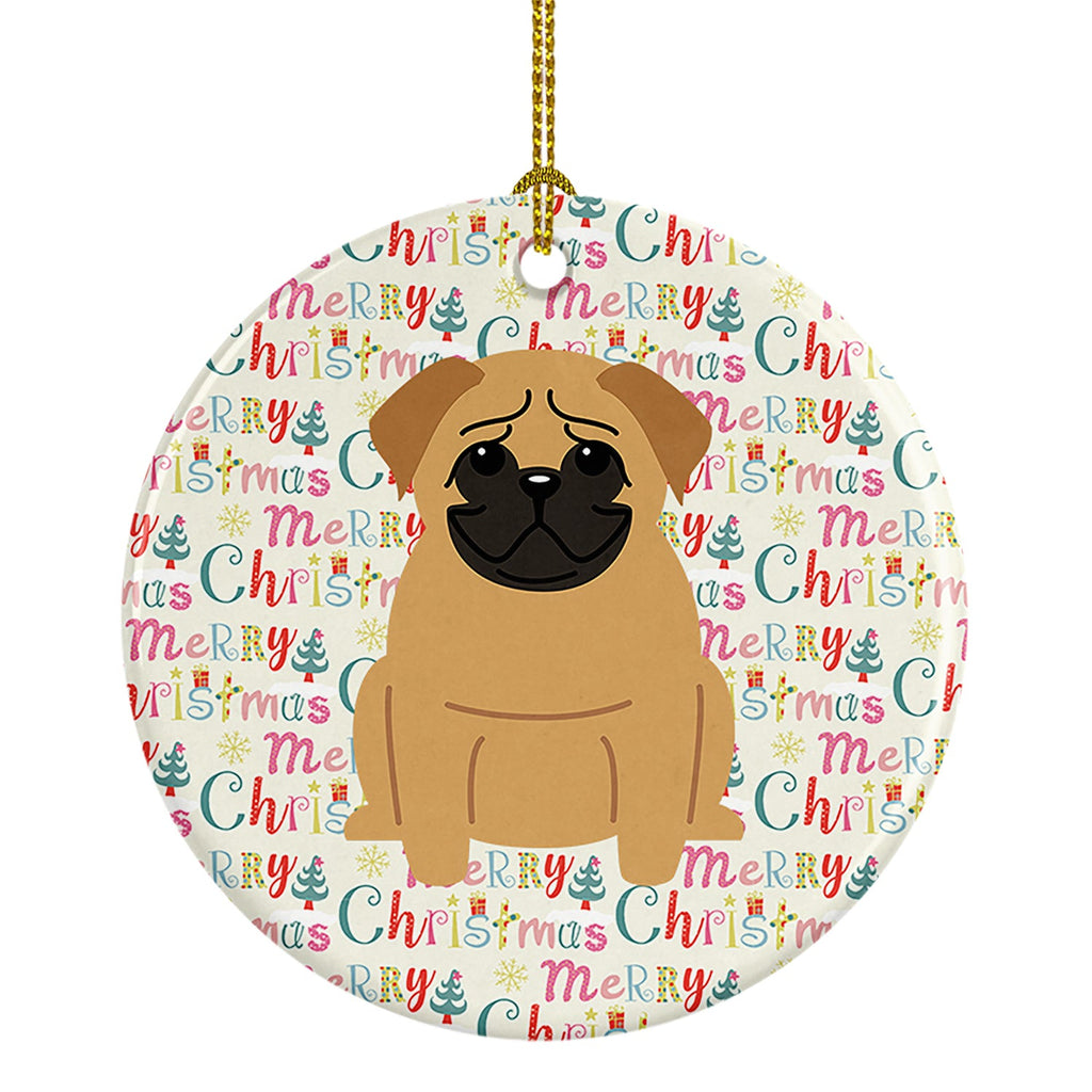 Merry Christmas Pug Brown Ceramic Ornament