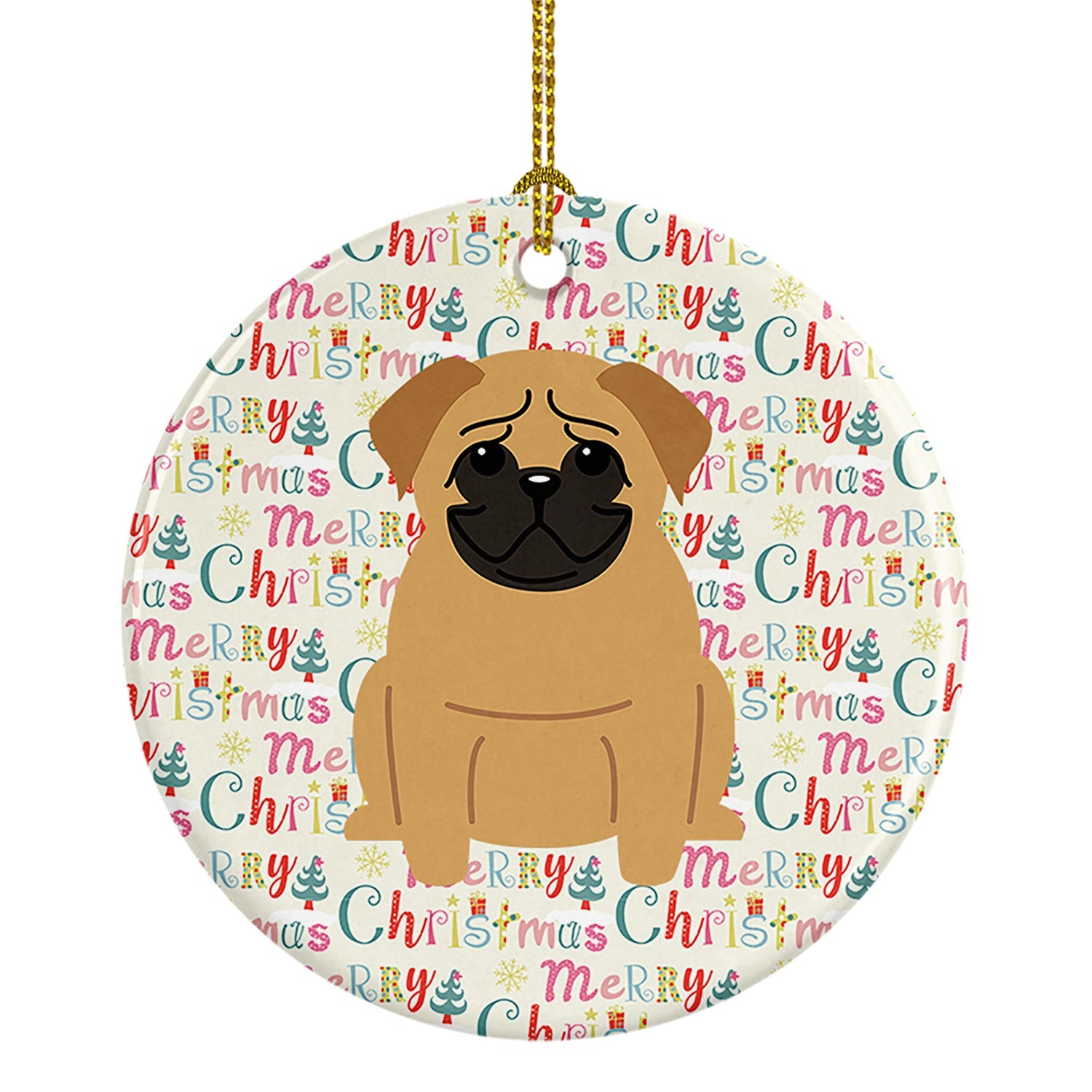 Merry Christmas Pug Brown Ceramic Ornament