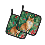 Somali Cat By the Christmas Tree Pair of Pot Holders