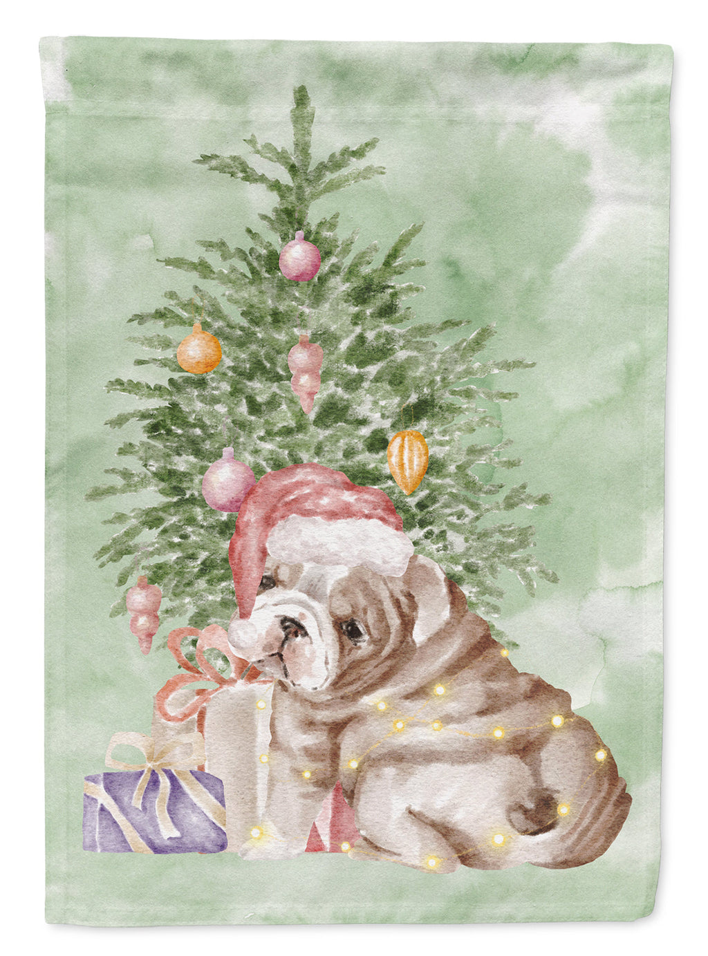 Bulldog, English Bulldog Puppy Christmas Presents and Tree Garden Flag
