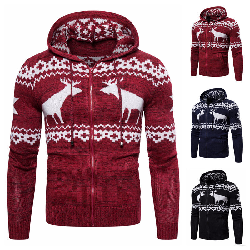 Men's Christmas Reindeer Knit Zipper Hoodie Sweater | Streetwear