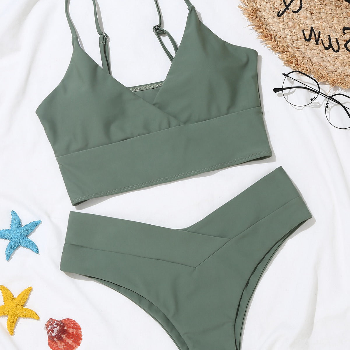 2022 New Women's Sexy Solid Color V-Neck Bikini Set