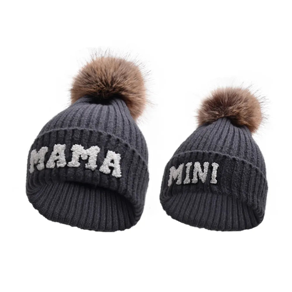 Kunyeah 3Pcs Parent-Child Beanie Hat Mama Papa Baby Matching Hats Winter Warm Cap with Pom-Pom Women Men Knitted Hat | Embroidered Cap